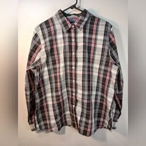 Orvis Plaid Button Front Shirt Size 18 Black White Red Long Sleeve Carefree